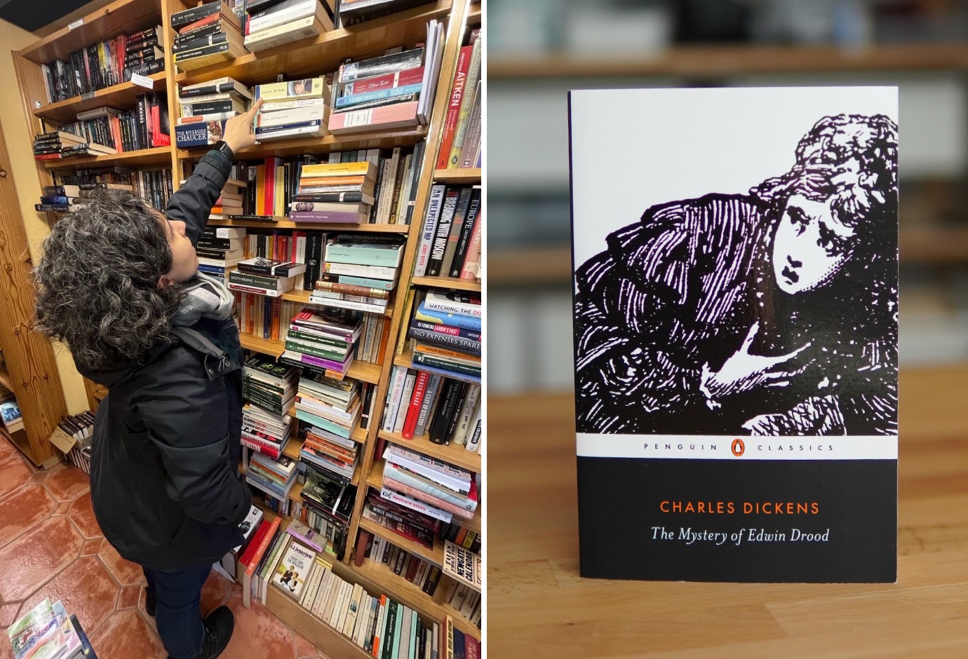 Left: Fin, looking up at shelves full of books. Right: A cover image of Charles Dicken's book.
