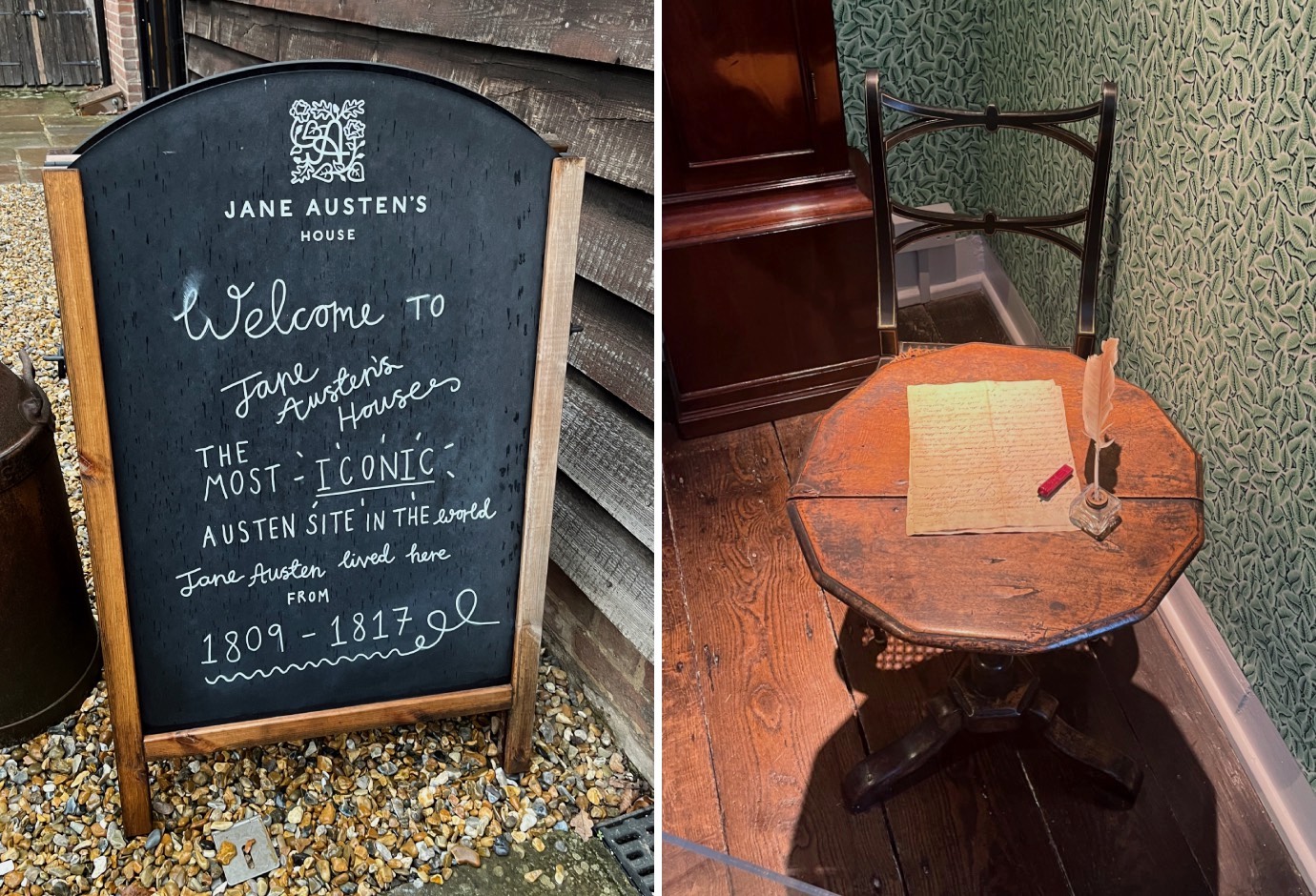 Left: Welcome sign outside Jane Austen's House. Right: Jane Austen's writing table.