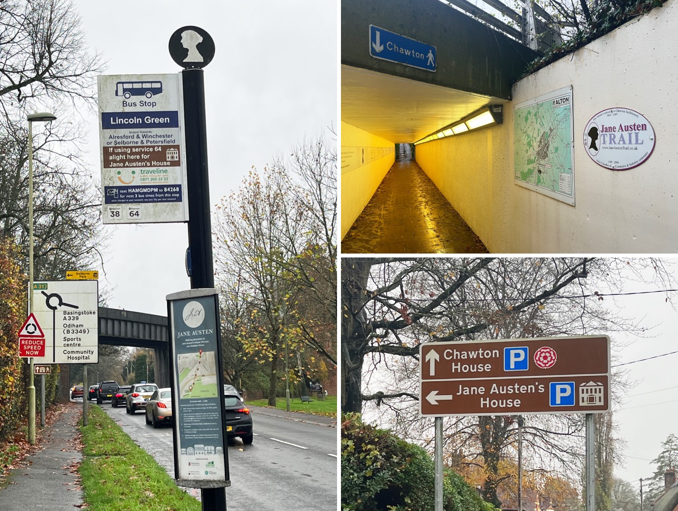 A photo collage of way-finding signs found on the Jane Austen Trail.