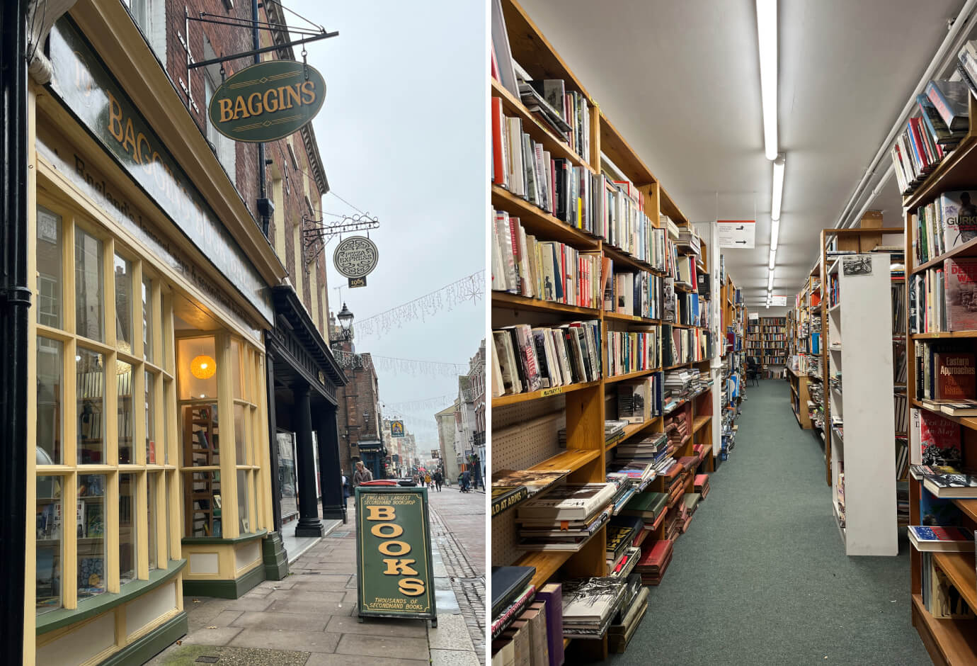 Exterior and interior shots of Baggins Book Bazaar.